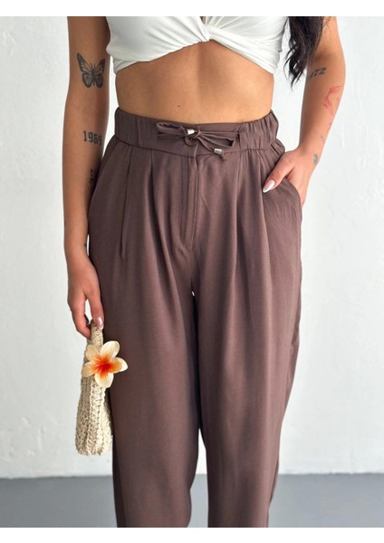 Yüksel Bel Rahat Paça Pantalon - Kahverengi