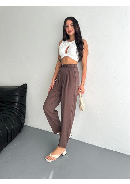 Yüksel Bel Rahat Paça Pantalon - Kahverengi fırsatları