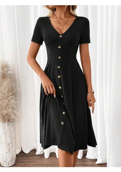Kadın Kısa Kollu V Yakalı Önden Düğmeli A Kesim Dokuma Elbise indirimleri