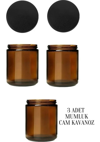 3 Adet 210 ml Cam Kavanoz Amber Mumluk 210 cc Metal Siyah Kapaklı Mum Kavanozu Kahverengi