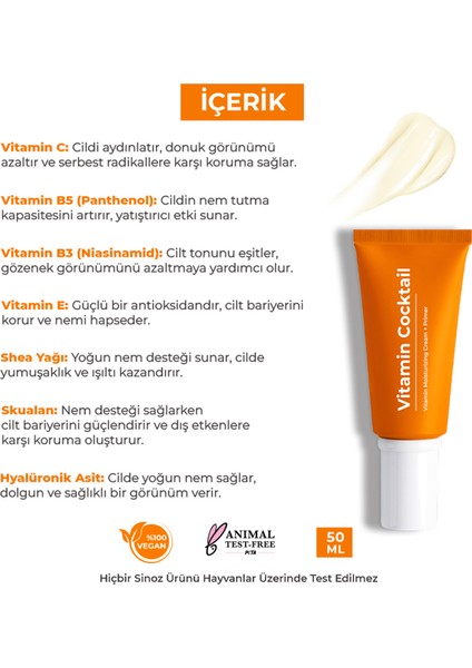 Vitamin Kokteyl-Nemlendirici Besleyici Onarıcı Yüz Kremi (Vitamin C+ B3 +B5 +E) ve Makyaj Bazı 50ML modelleri
