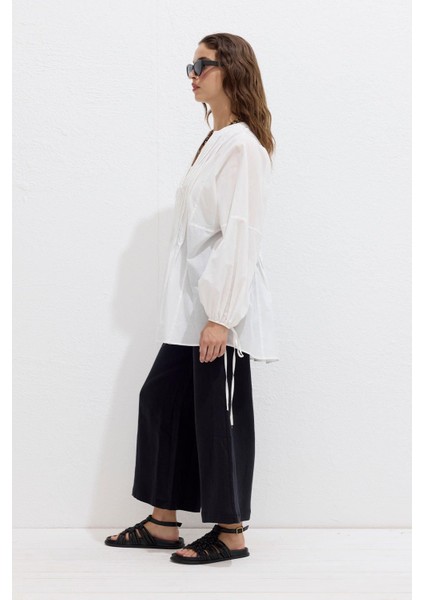 Kadın Ekru Vual Kumaş Nervür Detaylı Uzun Kollu Tunik – Yazlık, Günlük ve Özel Gün Kombinleri İçin