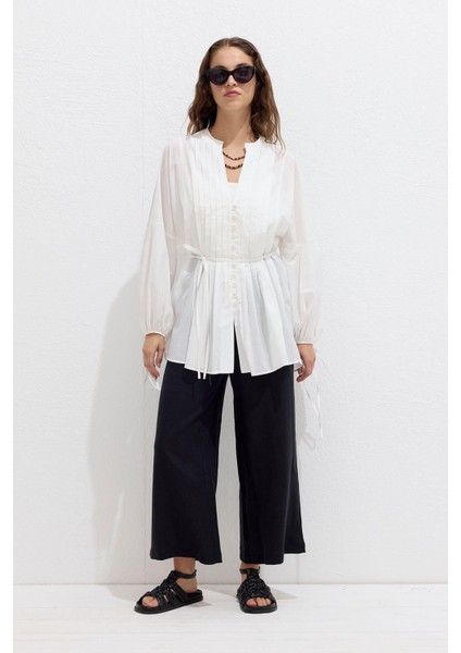 Kadın Ekru Vual Kumaş Nervür Detaylı Uzun Kollu Tunik – Yazlık, Günlük ve Özel Gün Kombinleri İçin