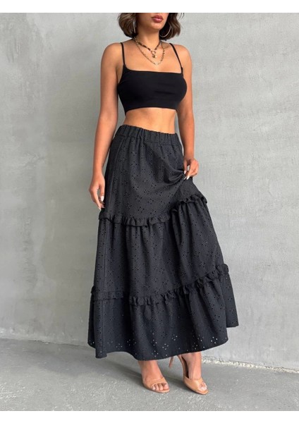 Fırfırlı Brodeli Astarlı Uzun Etek Siyah
