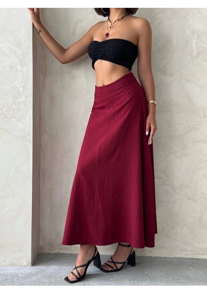 Uzun Astarlı Bordo Etek
