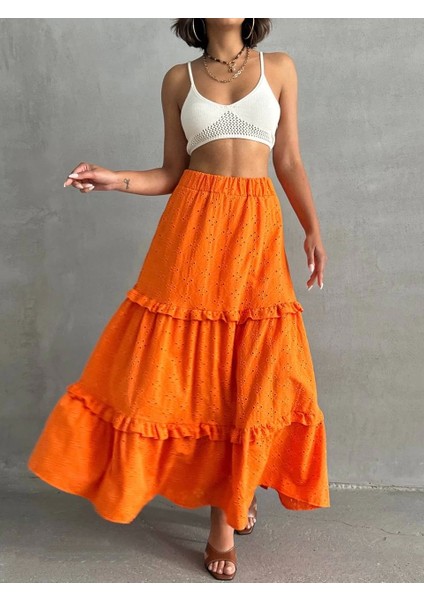 Fırfırlı Brodeli Astarlı Uzun Etek Turuncu fiyatları