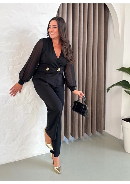 Kadın Büyük Beden Kruvaze Yaka Şifon Kol Çift Broş Detaylı Esnek Takım Abiye Elbise 24925 modelleri