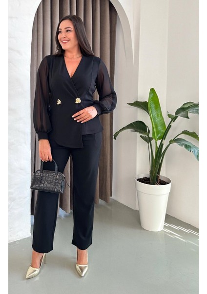 Kadın Büyük Beden Kruvaze Yaka Şifon Kol Çift Broş Detaylı Esnek Takım Abiye Elbise 24925 fırsatları