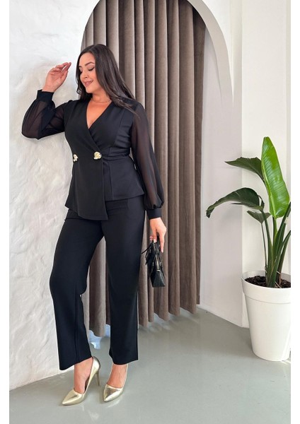 Kadın Büyük Beden Kruvaze Yaka Şifon Kol Çift Broş Detaylı Esnek Takım Abiye Elbise 24925 indirimleri