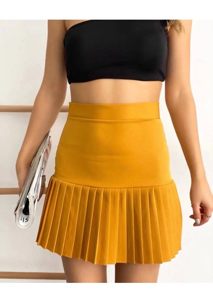 Altı Pliseli Mini Etek Hardal modelleri