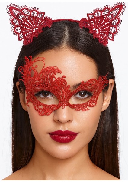 Gizemlı Kırmızı Dantel Maske ve Taç Seti 1 No - Kostüm Seti