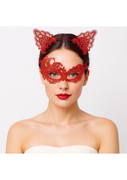Gizemlı Kırmızı Dantel Maske ve Taç Seti 1 No - Kostüm Seti modelleri