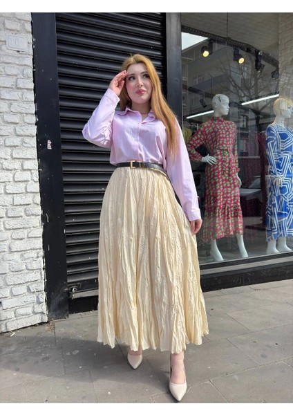 Kadın Beli Lastikli Rahat Kraş Etek Krem modelleri