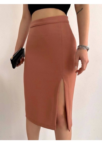 Uzun Midi Boy Yırtmaçlı Etek Somon