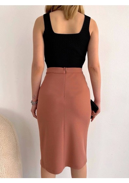 Uzun Midi Boy Yırtmaçlı Etek Somon fiyatları