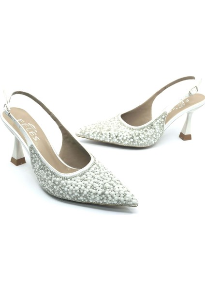 Feles Gelinlik Ayakkabısı Taş Detaylı Arkası Açık Stiletto Kadın Topuklu Ayakkabı