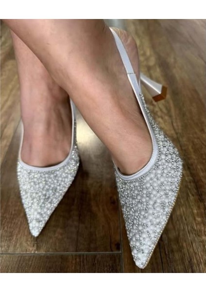 Feles Gelinlik Ayakkabısı Taş Detaylı Arkası Açık Stiletto Kadın Topuklu Ayakkabı fiyatları