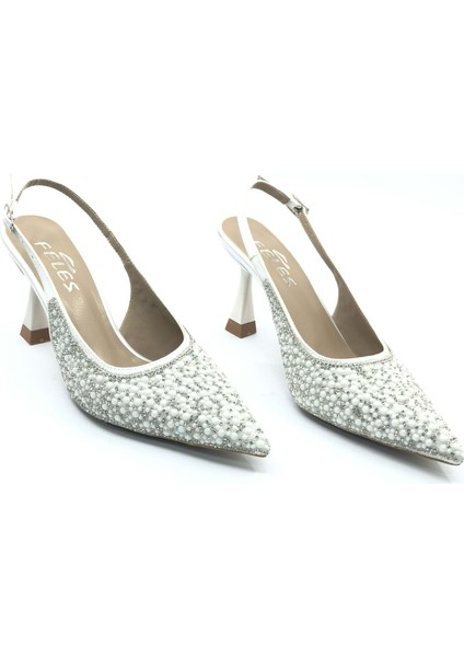 Feles Gelinlik Ayakkabısı Taş Detaylı Arkası Açık Stiletto Kadın Topuklu Ayakkabı fırsatları