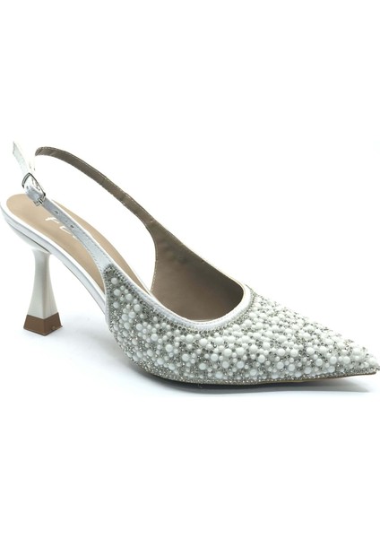 Feles Gelinlik Ayakkabısı Taş Detaylı Arkası Açık Stiletto Kadın Topuklu Ayakkabı indirimleri