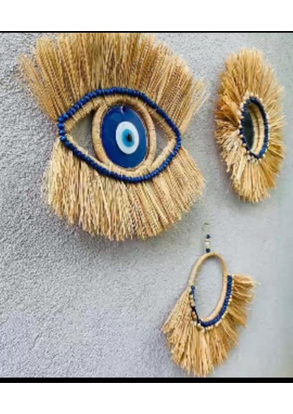 3lü Mavili Nazar Boncuklu Duvar Süsü Rafya