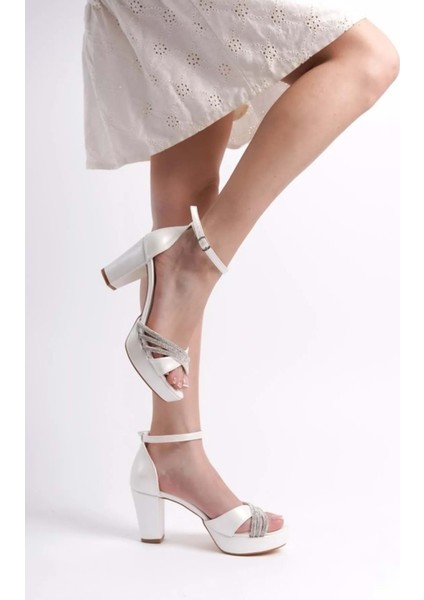 Feles Çapraz Üç Şerit Taşlı 10 cm Platform Topuklu Kadın Abiye Ayakkabı