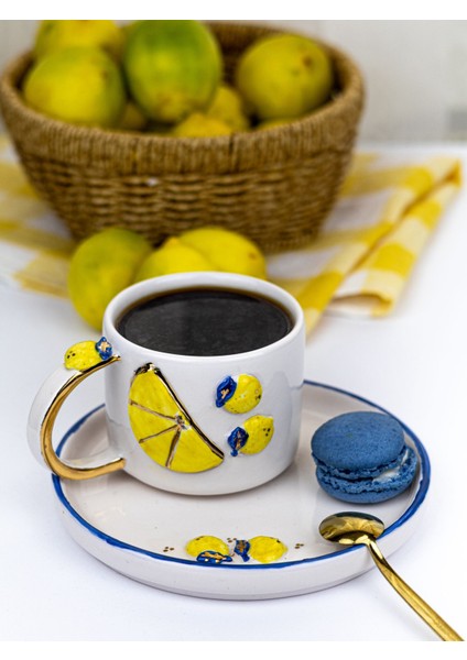 24K Altın Süslemeli El Yapımı Limon Temalı Seramik Mug ve Tatlıtabağı