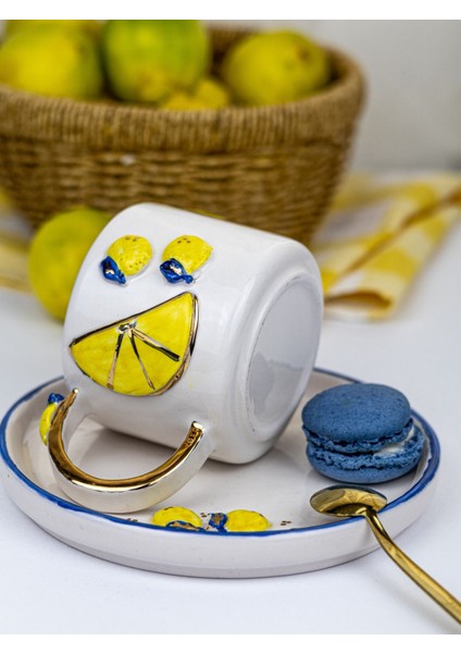 24K Altın Süslemeli El Yapımı Limon Temalı Seramik Mug ve Tatlıtabağı fiyatları
