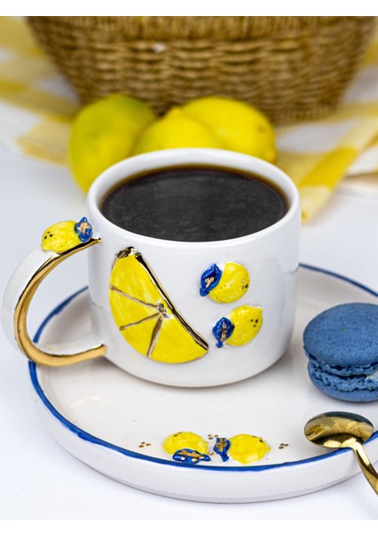 24K Altın Süslemeli El Yapımı Limon Temalı Seramik Mug ve Tatlıtabağı modelleri