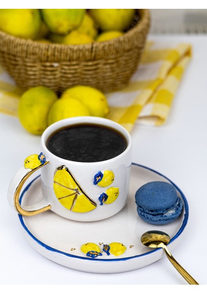 24K Altın Süslemeli El Yapımı Limon Temalı Seramik Mug ve Tatlıtabağı indirimleri
