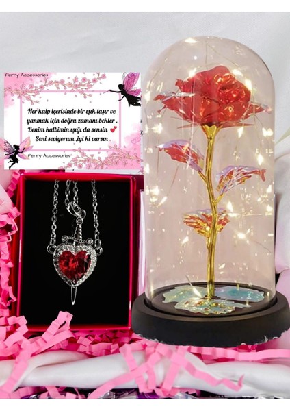 Kararmaz Çelik Kalp Kılıç Kolye ve LED Işıklı Solmayan Sonsuzluk Gülü Pamuk Prenses ve Avcı Kolye