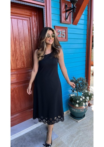 Kadın Kolsuz Etek Ucu Lazer Kesim Çiçek Desenli Midi Boy Janjan Krep Elbise fiyatları