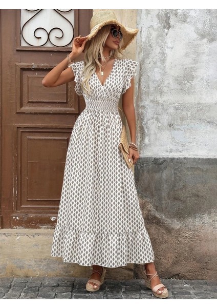 Kadın Kısa Kelebek Kollu Kruvaze Yakalı Desenli Süprem Elbise fırsatları
