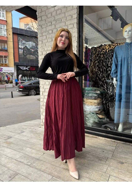 Kadın Beli Lastikli Rahat Kraş Etek Bordo modelleri