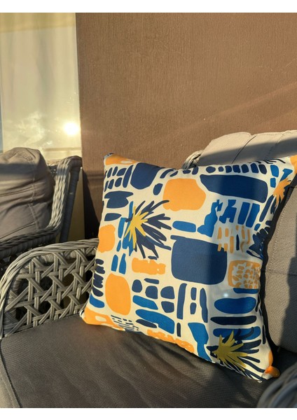 43X43 Sarı ve Mavi Geometrik Soyut Desenli Kırlent Kılıfı