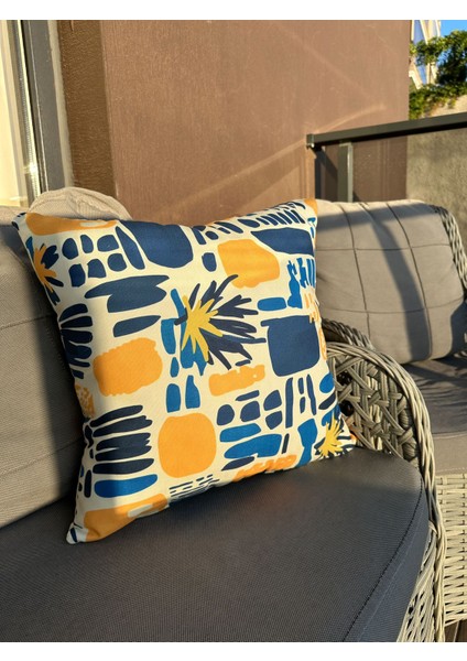 43X43 Sarı ve Mavi Geometrik Soyut Desenli Kırlent Kılıfı fiyatları