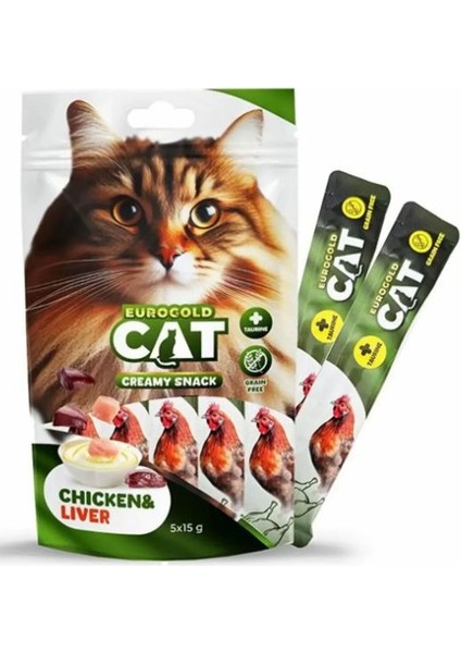 Eurogold Cat Sıvı Kedi Ödülü Tavuk ve Ciğerli 5X15GR