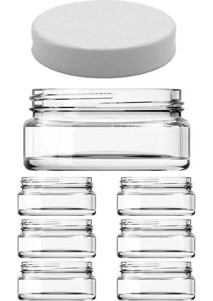 6 Adet 50 ml Plastik Beyaz Kapaklı ve Iç Kapaklı 50 cc Şeffaf Cam Krem Kavanozu