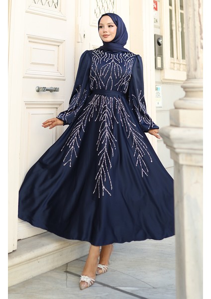 Saten Taşlı Abiye Elbise 5803-03 Lacivert