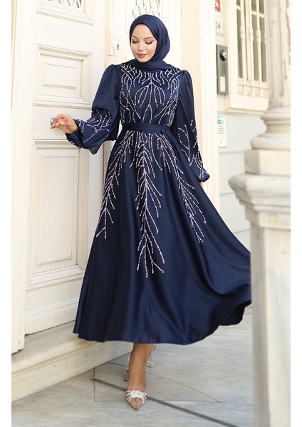 Saten Taşlı Abiye Elbise 5803-03 Lacivert fiyatları