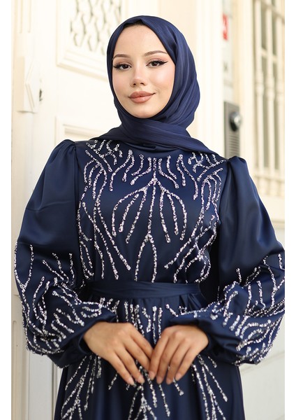 Saten Taşlı Abiye Elbise 5803-03 Lacivert fırsatları
