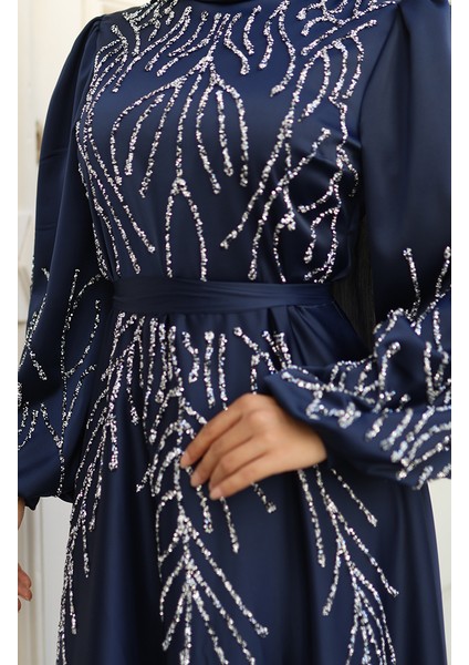 Saten Taşlı Abiye Elbise 5803-03 Lacivert indirimleri