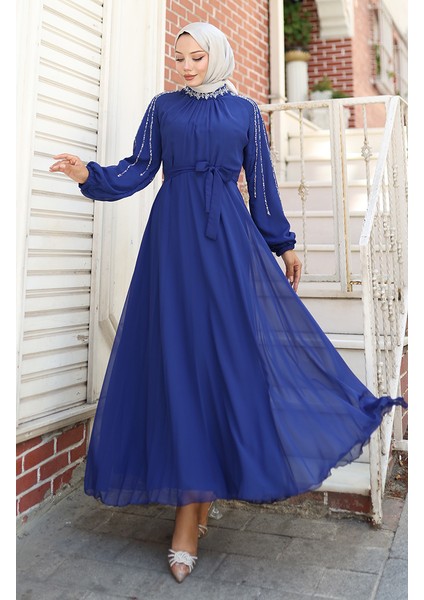 Kolu Taşlı Şifon Abiye Elbise 5804-03 Saks