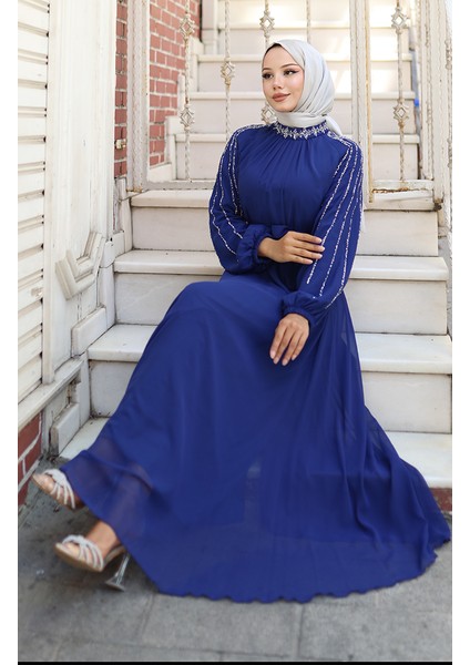 Kolu Taşlı Şifon Abiye Elbise 5804-03 Saks fiyatları