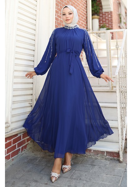 Kolu Taşlı Şifon Abiye Elbise 5804-03 Saks modelleri