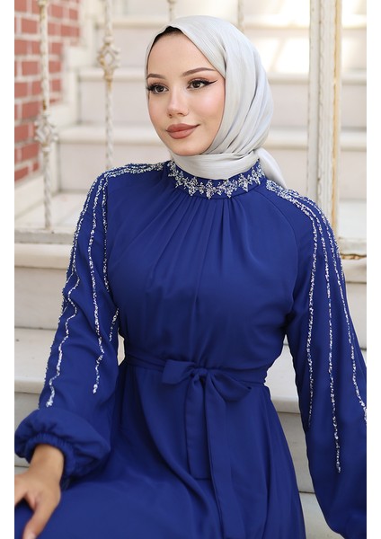 Kolu Taşlı Şifon Abiye Elbise 5804-03 Saks fırsatları