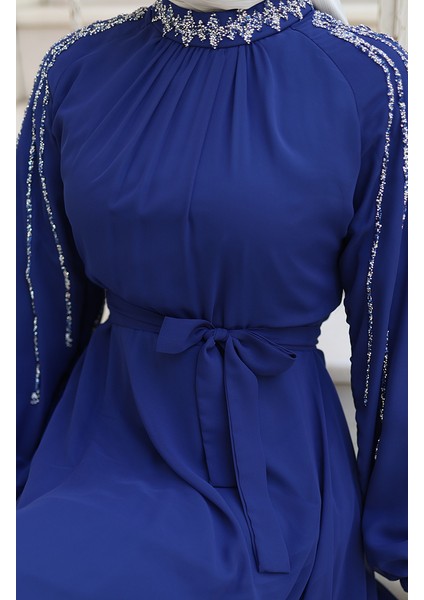 Kolu Taşlı Şifon Abiye Elbise 5804-03 Saks indirimleri