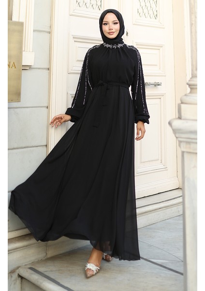 Kolu Taşlı Şifon Abiye Elbise 5804-01 Siyah modelleri