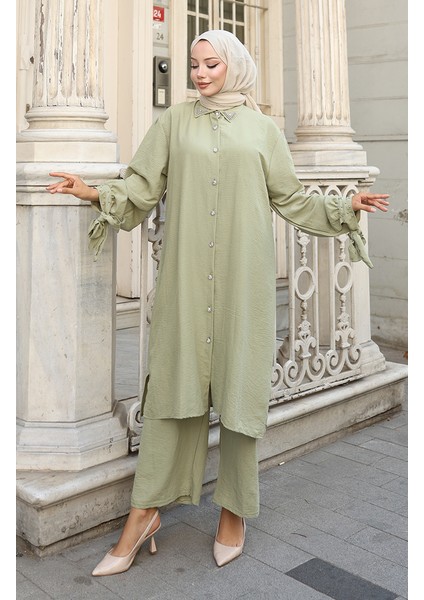 Aerobin Kumaş Düğmeli Tunik Pantolon Ikili Takım 2147-06 Haki modelleri