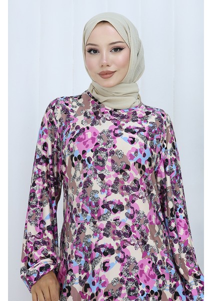 Desenli Penye Elbise 2135C-01 Lila fırsatları