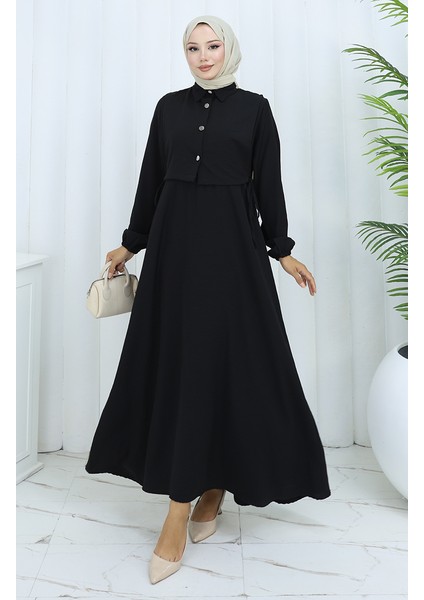 Aerobin Kumaş Yelek Elbise Ikili Takım 2142-04 Siyah